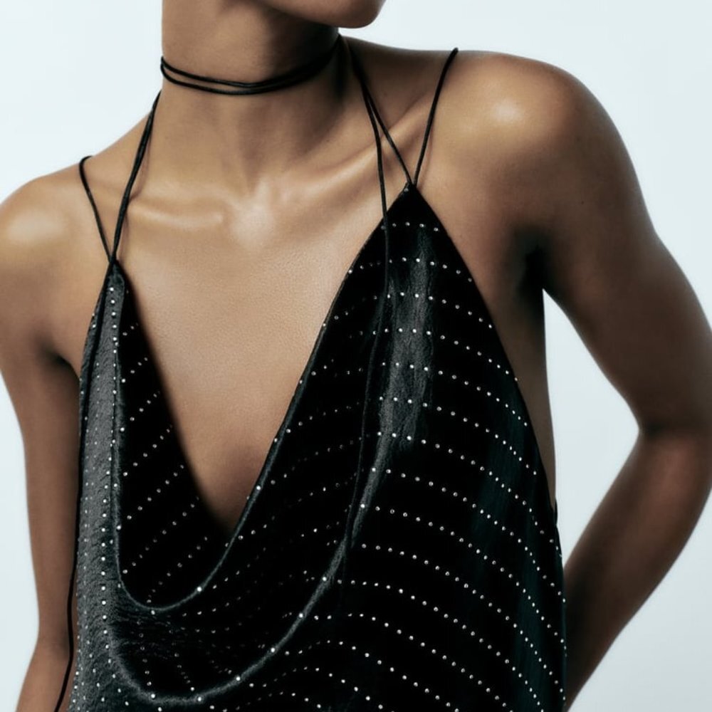 NWT JEWEL SATIN EFFECT BLACK RHINESTONE DRESS - Picture 6 of 11